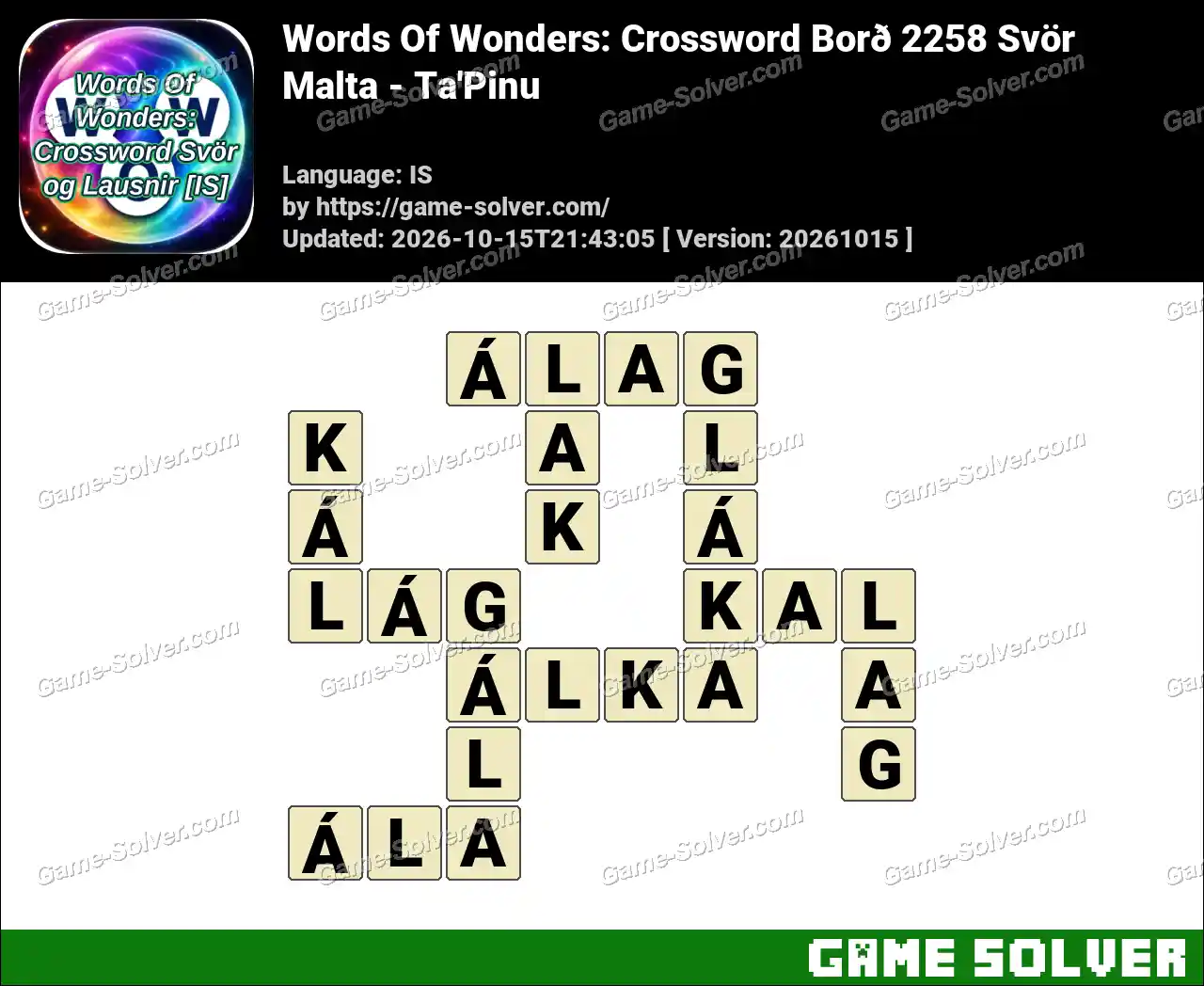 Words Of Wonders: Crossword Borð 2258 Svör – Malta – Ta’Pinu